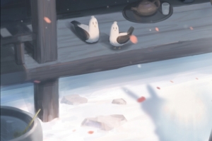 雪中的庭院 女子 兽耳 鸟儿 5120x1440双屏动漫壁纸