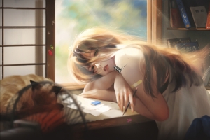 书房 趴在桌上的女孩 猫 2560x1600高清动漫壁纸