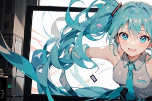 从电脑屏幕里出来的初音未来 3440x1440带鱼屏壁纸