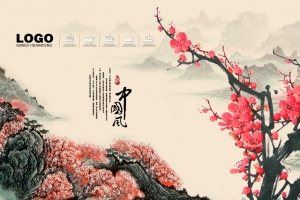 红色中国风山水桃花网页背景
