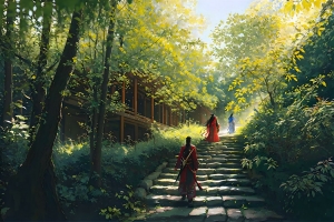 水墨 树 剑 风景 中国衣服 自然 户外 楼梯 黑色头发 高清壁纸