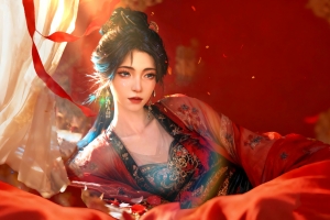 古风红色古装美女 红色背景 金屋藏娇 4k壁纸3840x2400