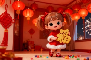 2026新年到 可爱小女孩 客厅挂满灯笼 迎接新年 喜庆 4K壁纸