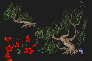 手绘花朵大树叶石头