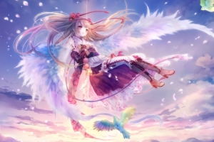 天空 小女孩 羽毛 鸟儿 唯美梦幻动漫风景壁纸3440x1440