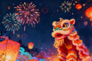 2026新年 晚上 喜庆节日 烟花 灯笼 舞狮 4K壁纸