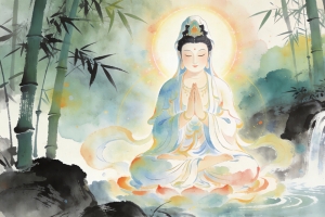 观音菩萨 竹林 瀑布 水墨风 4K电脑高清壁纸