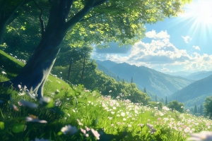 晴空树林鲜花4K高清3440x1440带鱼屏风景壁纸免费下载