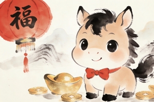 2026可爱小马图片 水墨风 灯笼 福字 元宝 4K壁纸