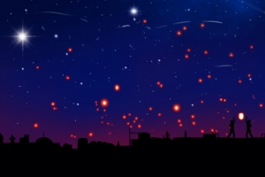 中元节孔明灯蓝色深夜背景