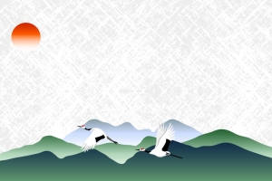矢量古风水彩墨迹远山仙鹤红日背景