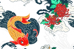 国潮元素鲤鱼浪花花朵