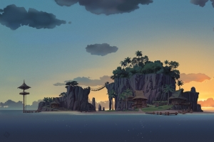 岛屿 大海 海滩 棕榈树 房子 云 插画 小岛日落风景4k壁纸