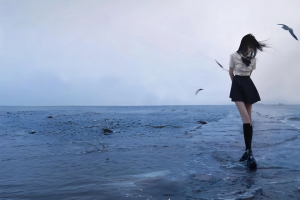 海边美女 唯美 海鸥 3440x1440带鱼屏壁纸