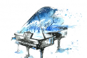 蓝色水墨艺术钢琴插画