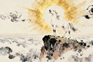 2026 一只马在高山上 金光 水墨画4k壁纸图片