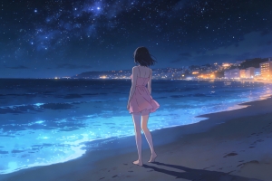 海边星空少女背影粉色裙子 小米专用2880x1800高清壁纸免费下载