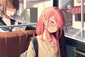 女孩 眼镜 公交车 睡眠 动漫 4k壁纸 3840x2160