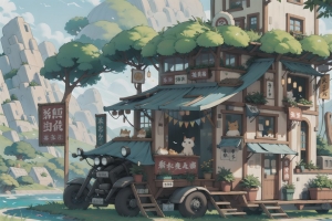 原创 可爱 卡通 房车 杂货店 yokai插图 日系 猫 高清壁纸
