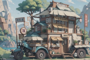 原创 可爱 卡通 房车 杂货店 yokai插图 日系 猫 高清壁纸