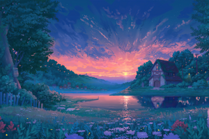 夕阳，漫画，水，木屋，森林
