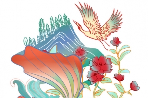 金鱼 仙鹤  国潮 插画荷花