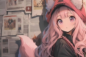 报纸墙 可爱小女孩 粉色长发 3440x1440带鱼屏壁纸