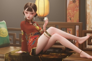 古风 3D美女 红色衣服 长腿 长椅 4k壁纸