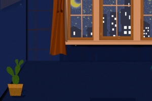 午夜室内窗外手绘banner