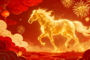 2026年马年图片 金色的马 红色喜庆背景 烟花 灯笼 祥云 4k壁纸