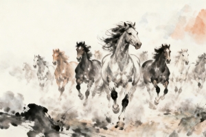 十只骏马 水墨风 2026年马年素材图片4k壁纸