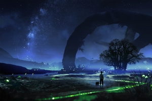 夜晚星空一个小男孩唯美意镜壁纸