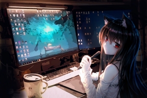 二次元美少女 红色眼睛 猫耳 萌 电脑 画画 4k动漫壁纸