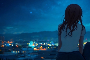 夜晚小镇灯光 女孩坐着背影3440x1440带鱼屏动漫壁纸