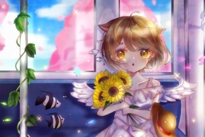  neko 天使 向日葵 花束 动漫 艺术 4k壁纸 3840x2160