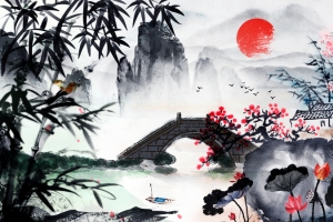 水墨古风竹枝荷花背景图