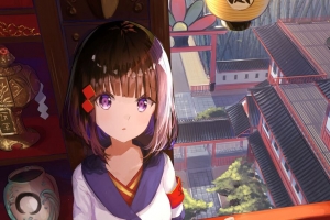女孩 一瞥 寺庙 建筑 动漫 4k壁纸 3840x2160