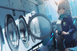 砂狼 蓝色眼睛 女孩 兽耳 西装制服 短裙 干洗店 动漫 电脑 4k超清壁纸