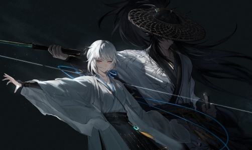 武侠风情侣高清4K壁纸，白衣女侠与斗笠男子剑客4096x2448免费下载