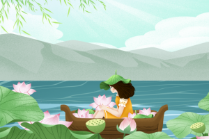 夏天立夏二十四节气手绘人物荷花船