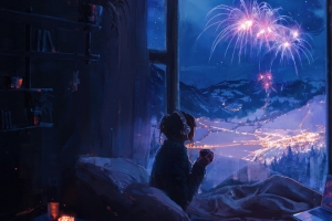 室内女孩新年夜天空山脉烟花3440x1440 4K动漫高清带鱼屏壁纸免费下载