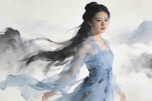 水墨风美女图 长发 蓝色裙子 古风 4K壁纸