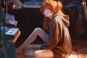 听音乐的动漫少女 坐地板 4K壁纸 3840x2160