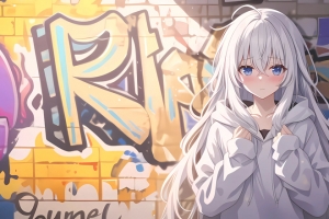 涂鸦墙 女孩 白色长发 3440x1440带鱼屏壁纸
