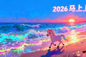 2026马上上岸 海边 小马 唯美梦幻荧光 4k壁纸