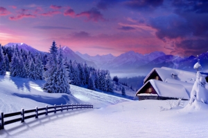 创意唯美冬天雪景夕阳合成