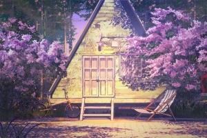 日系插画房屋樱花树浪漫色彩