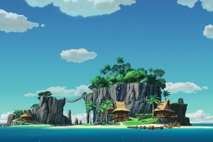 白天风景  小岛 棕榈树 日光 大海 海滩 房子 平板电脑壁纸