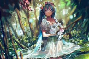 女孩 眼泪 鲜花 花圈 初音未来 水 蝴蝶 二次元动漫4K壁纸