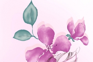 水墨红花绿叶创意元素